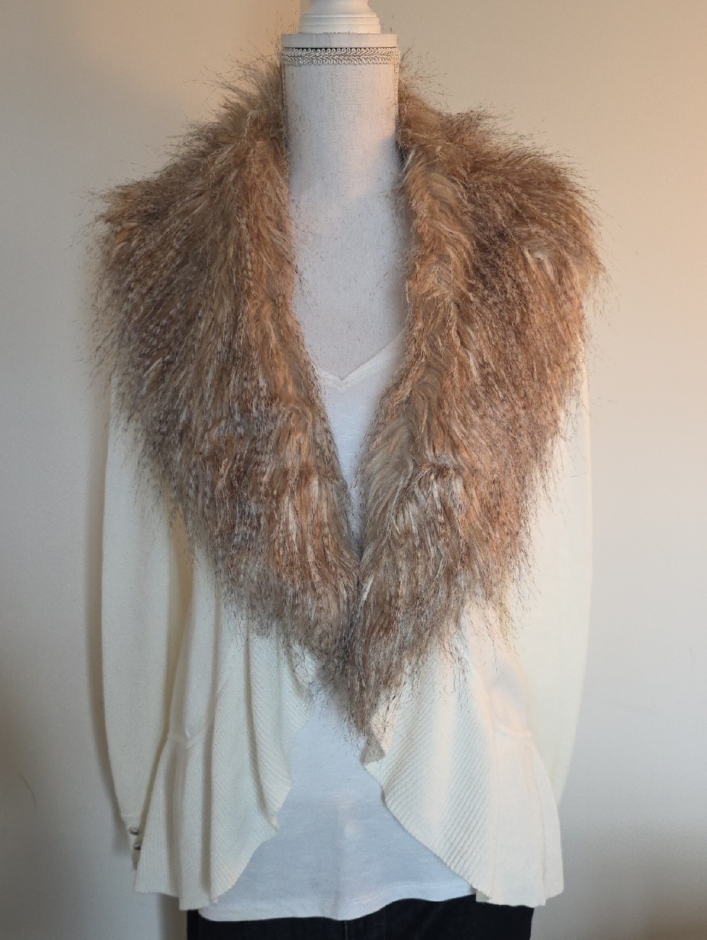 WHBM Cream Knit Cardigan with Brown Faux Fur Detachable Shawl Collar